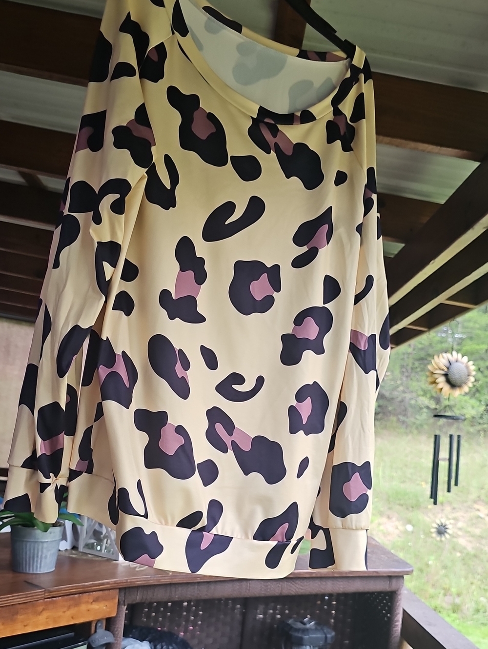 Women's Yellow Animal Print Long Sleeve Top with Pink Accents